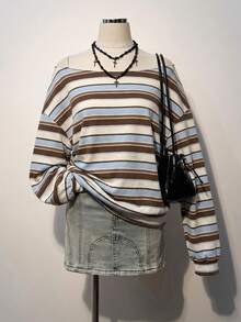 SHEIN EZwear 女款休閒露肩寬鬆條紋衛衣，秋冬女裝，2026秋冬，休閒、Y2K、通勤穿搭、基礎款、牛仔女孩風、復古、返校、外出、校園 - 彩色 - 查看 3