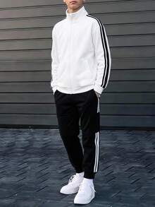 SHEIN 兒童 2 件組 大童男孩白色立領運動衫與黑色長款秋季長褲休閒運動寬鬆套裝，適合戶外運動與上學 - 白色 - 查看 2