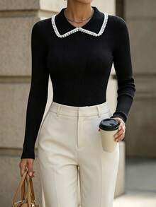 SHEIN Women's Colorblock Casual Elegant Versatile Daily Wear Long Sleeve Sweater Office Brunch Black And White Striped Autumn - Black - View 1
