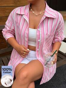 Muchica Plus Size Women's Striped Single-Breasted Casual Daily Wear Shirt - Pink - View 3