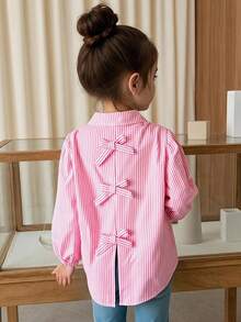 Elladie kids 年轻女孩条纹印花蝴蝶结装饰休闲长袖衬衫 - 粉色 - 查看 1