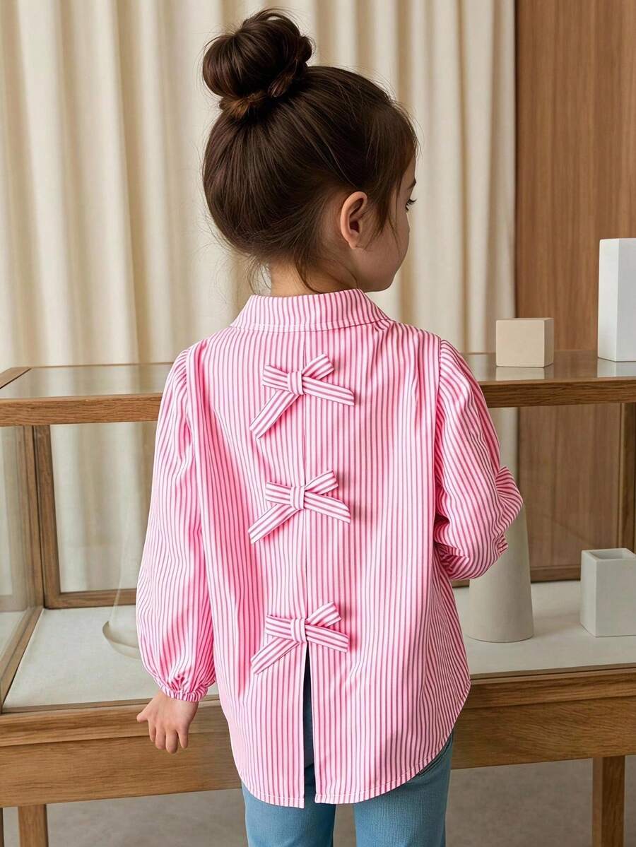 Elladie kids 年轻女孩条纹印花蝴蝶结装饰休闲长袖衬衫 - 粉色 - 查看 1