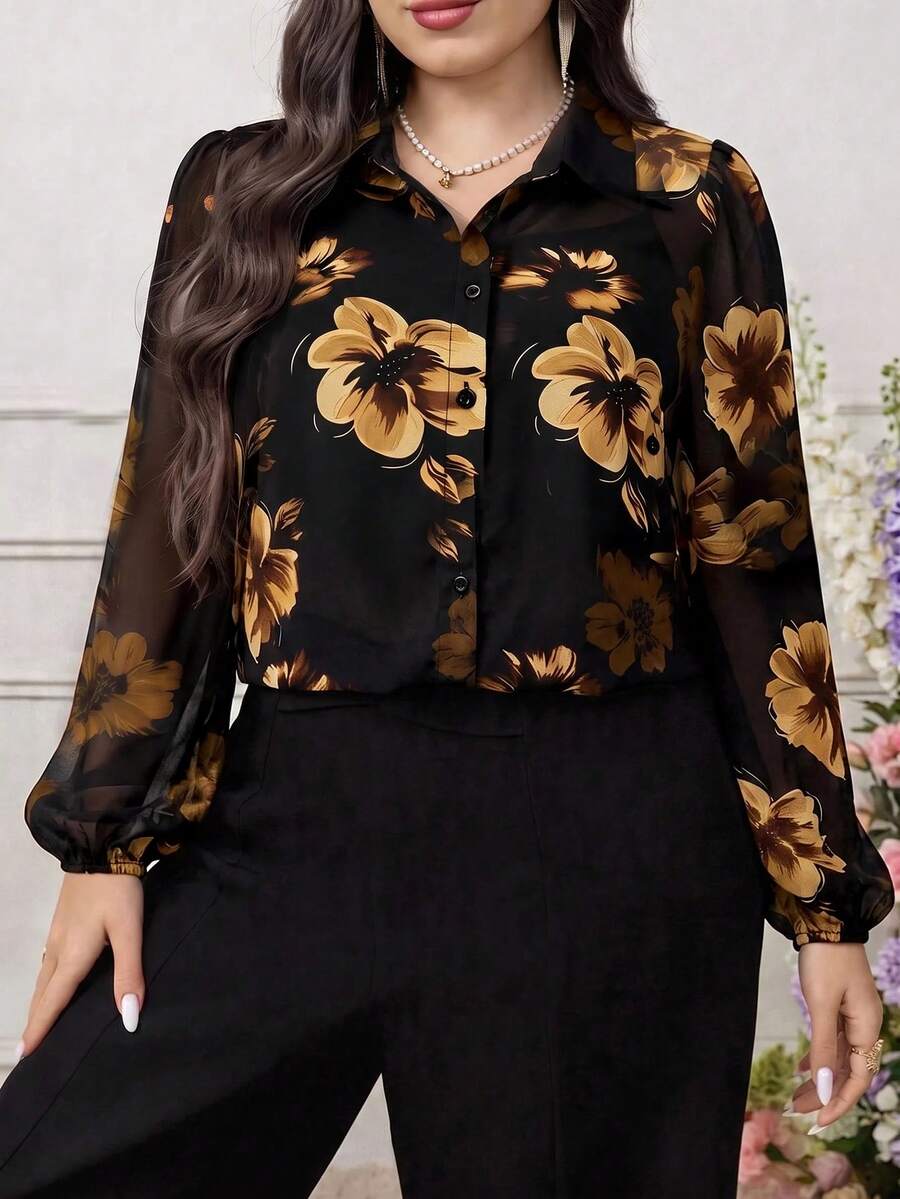 Modelyn 大尺碼女款花卉印花休閒百搭日常穿著襯衫 - 彩色 - 查看 1