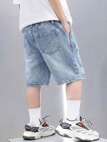 SHEIN 兒童男童復古藍色牛仔磨損鬆身短褲 - 淺色水洗藍 - 查看 2