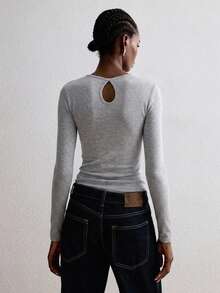 ATUI Studio Cross-Wrap Design Gray Long Sleeve Top, Square Neck, Minimalist Daily Commute T-Shirt - Grey - View 2
