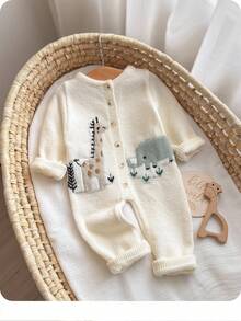 SHEIN Newborn Baby Girl Cute Cartoon Print Long Sleeve Jumpsuit, Fall/Winter Neutral - White - View 7