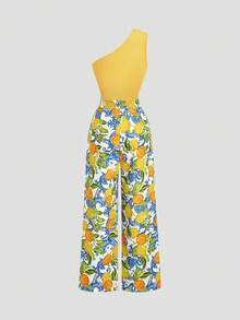 GlowEve Women's Yellow One-Shoulder Halter Jumpsuit, Lemon Print High Waist Zipper Design, - Multicolor - View 2