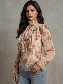 LUMIGAL Floral Chiffon Ditsy Print Ruffle Trim Stand Collar Double Layer Front & Back Flounce Patchwork Puff Bell Long Sleeve Women's Blouse - Multicolor - View 4