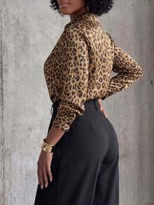Eryvara Women's Fashion Cowl Neck Leopard Print Long Sleeve Collared Slim Fit Blouse, Suitable For Casual, Commuting, Dating, Daily Wear - Brown - View 2