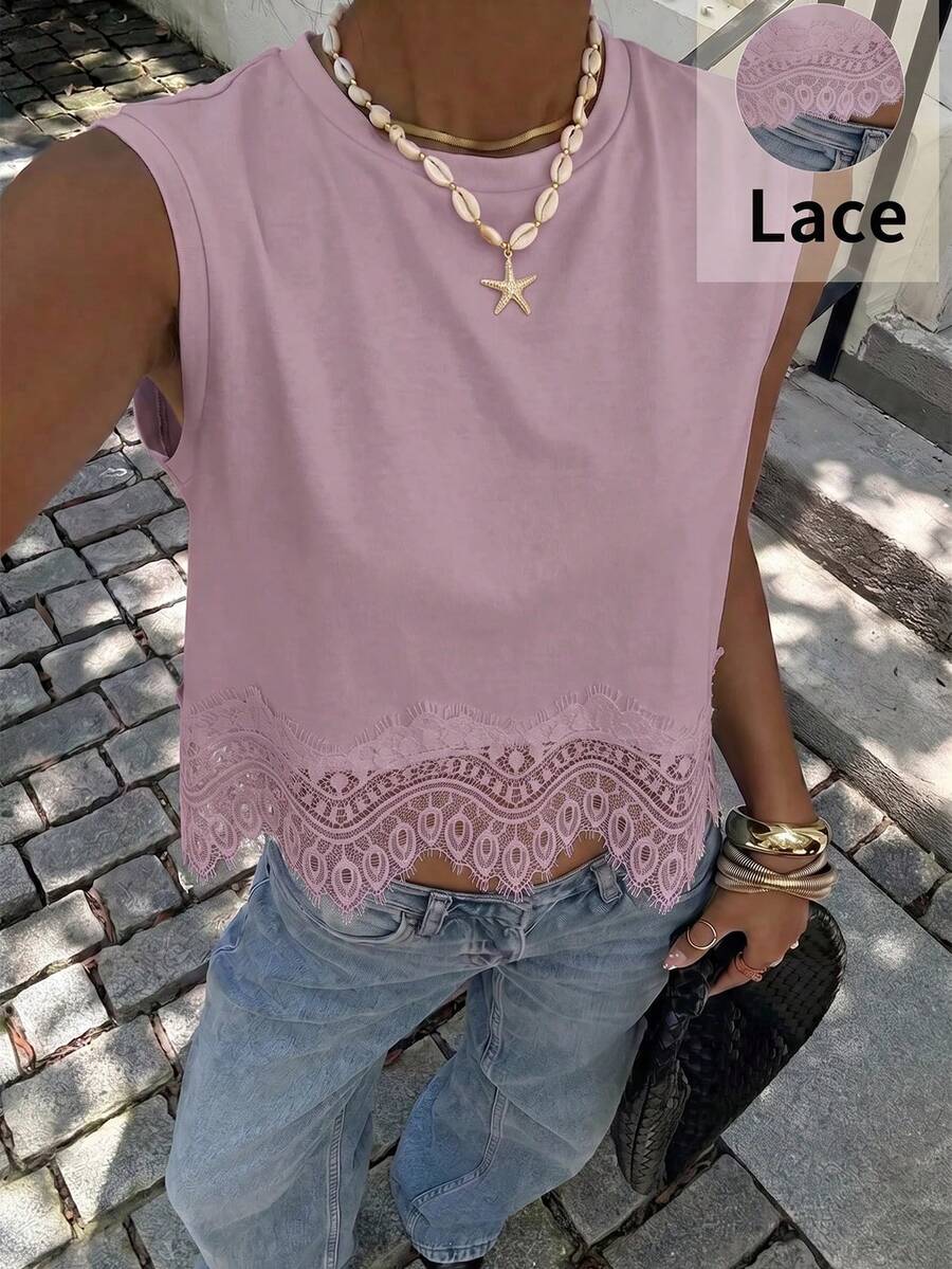 Siren Gaze Women's Solid Color Contrast Lace Hem Tank Top, Spring/Summer New Style - Mauve Purple - View 1