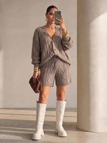 Xyvia Autumn/Winter Cable Knit Sweater 2 Pieces Set - Mocha Brown - View 6