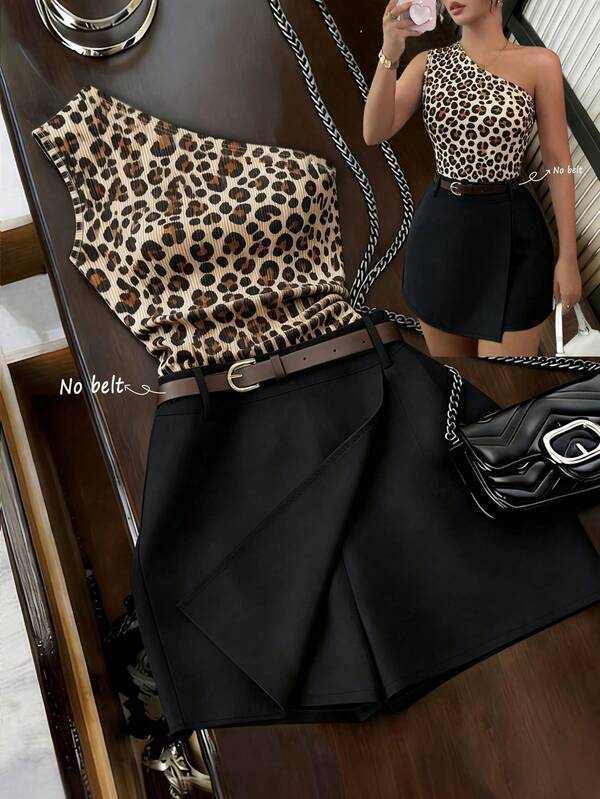 Franclia Sexy Fitted Leopard Print One-Shoulder Tank Top & Wide Leg Casual Shorts 2-Piece Set, Women's Commute Travel Office Outfit