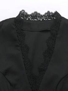 Balvessa 女款深黑色蕾絲V領長袖外套，秋冬款，適合聖誕節、萬聖節與派對場合 - 黑色 - 查看 8