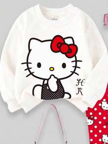 HELLO KITTY AND FRIENDS | SHEIN 女童印花圓領運動衫紅色波點喇叭褲套裝 春秋款 - 紅色 - 查看 3