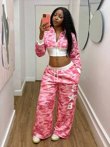Fiercella Fiercella Women's Autumn/Winter Pink Camouflage Casual Streetwear Camouflage Pattern Cropped 2 Pieces Set,Afro Fashion Outfits Everyday Jogging - Hot Pink - View 1