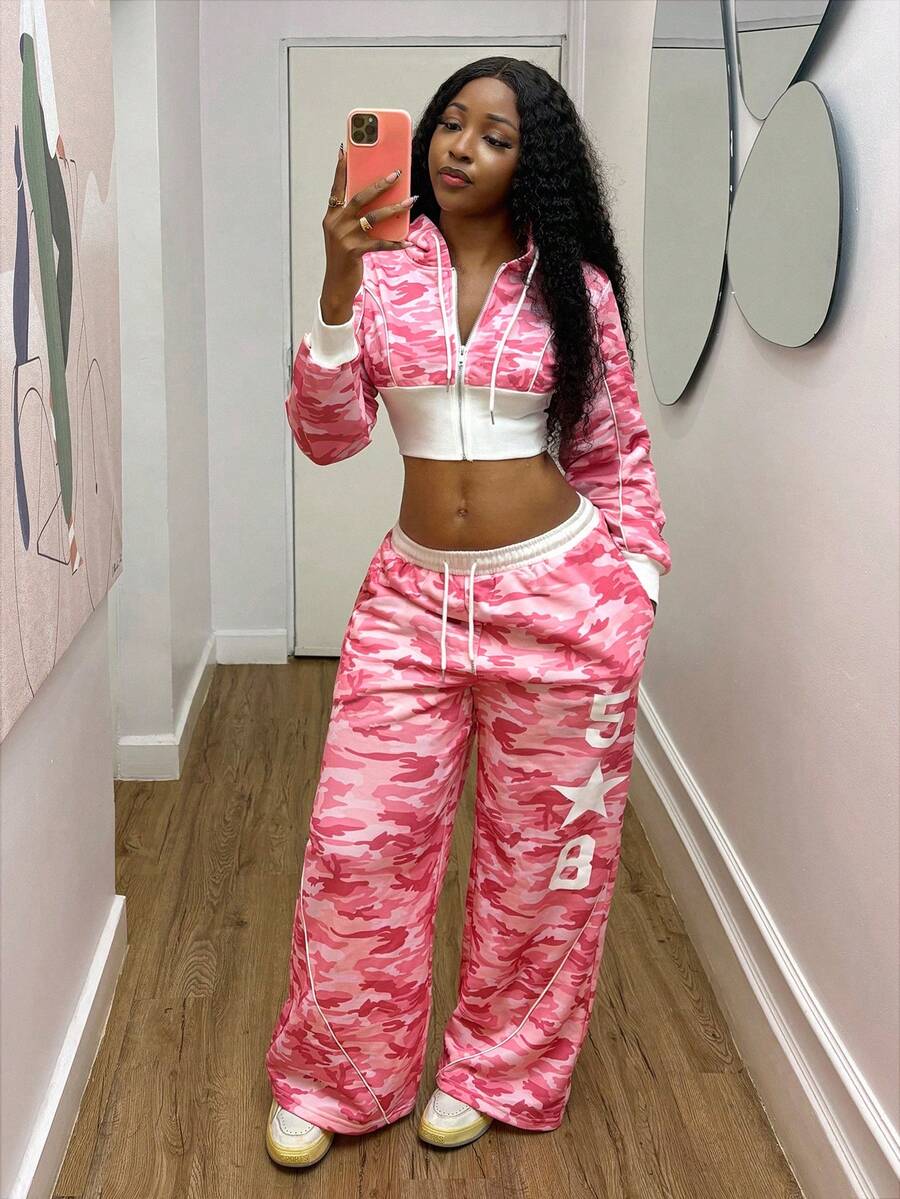 Fiercella Fiercella Women's Autumn/Winter Pink Camouflage Casual Streetwear Camouflage Pattern Cropped 2 Pieces Set,Afro Fashion Outfits Everyday Jogging - Hot Pink - View 1