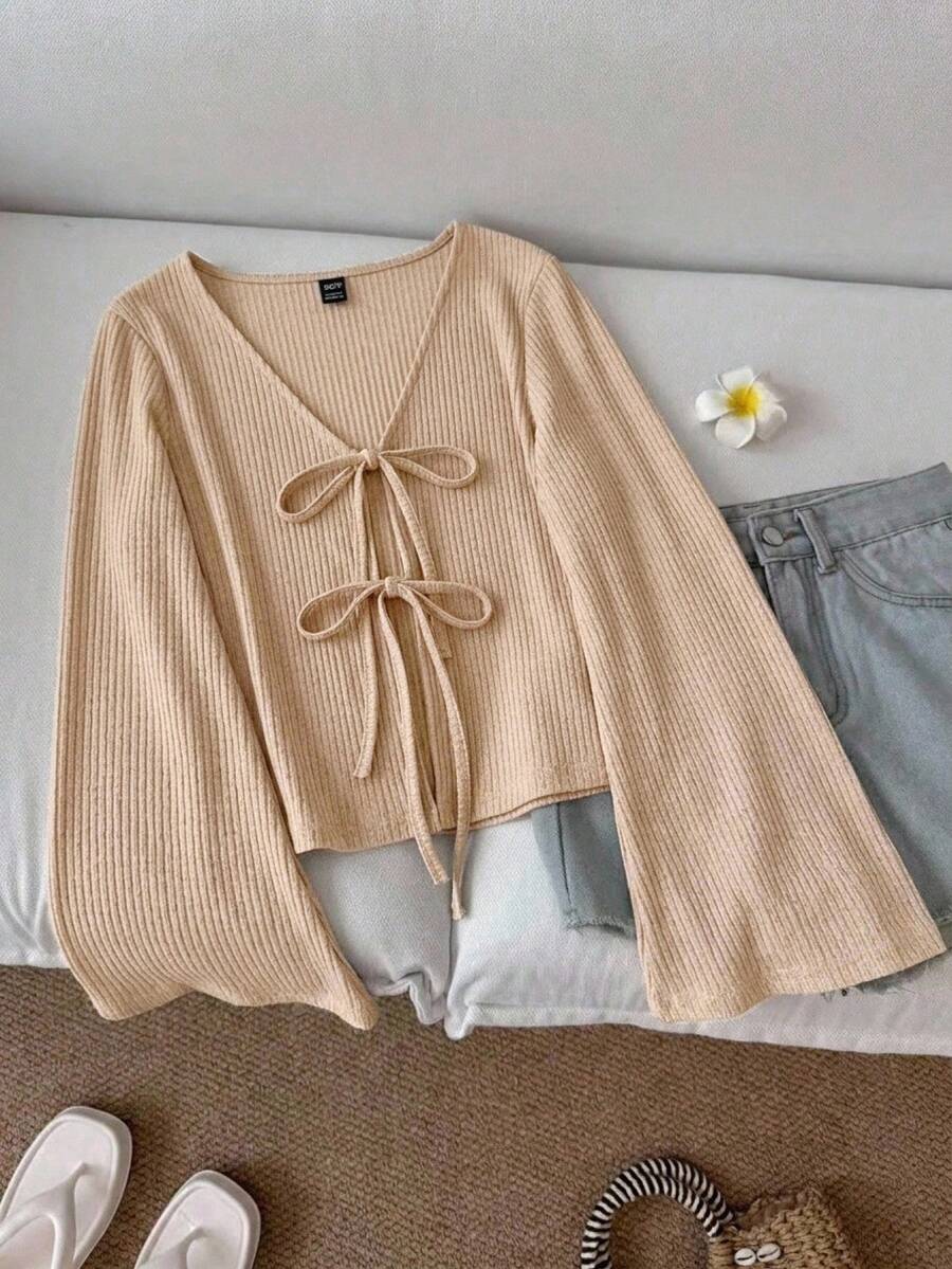 SHEIN LUNE 女款前綁帶喇叭袖長袖上衣,羅紋布料,加厚材質,秋冬款 - 卡其色 - 查看 1