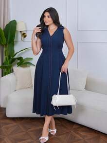 The Leen Edit Elegant Collared Commuter Dress For Women Summer - Navy Blue - View 4