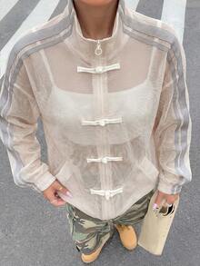 Muchica Women's Plus Size Frog Button Semi-Sheer Mesh Jacket White Autumn Fall - White - View 1