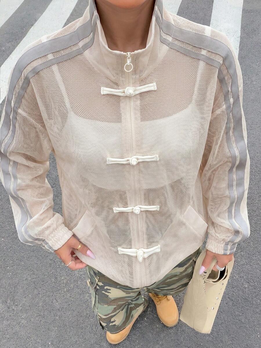 Muchica Women's Plus Size Frog Button Semi-Sheer Mesh Jacket White Autumn Fall - White - View 1