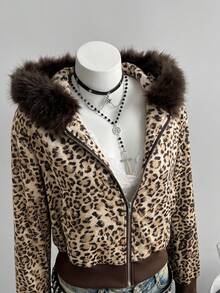 Elamini Women's Leopard Print Hooded Patchwork Fuzzy Design Zip-Up Slim Fit Flattering Short Y2K Retro Sexy Hot Girl Street Style Fashion Commute Sweatshirt - Brown - View 5