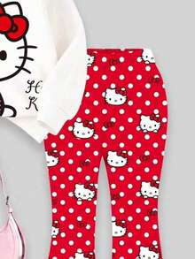 HELLO KITTY AND FRIENDS | SHEIN 女童印花圓領運動衫紅色波點喇叭褲套裝 春秋款 - 紅色 - 查看 5