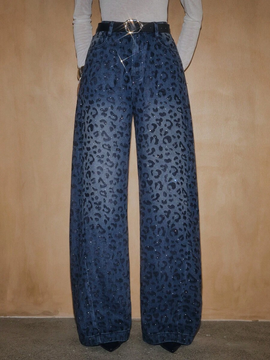 Anewsta Celana Jeans Lurus Motif Leopard dengan Hiasan Berlian Imitasi - Biru - View 1