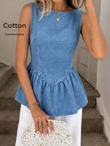SHEIN LUNE 女款夏季休閒水洗牛仔無袖上衣，荷葉邊下擺，適合夏季嘉年華造型、通勤、度假、畢業季，時尚 Y2K 可愛街頭風 Coquette 風格，派對、婚禮、優雅商務休閒，女款無袖牛仔荷葉邊上衣，休閒 V 腰設計，藍色棉混紡休閒襯衫 - 藍色 - 查看 5