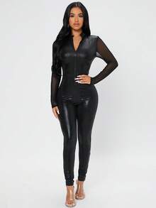 SHEIN PETITE Petite Zip Up Mesh Panel Unitard Bodycon Black Jumpsuit ,Petite Women - Black - View 3