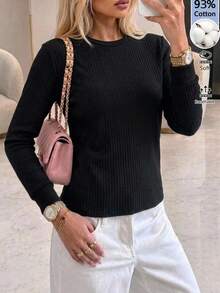 SHEIN LUNE Pure Cotton Solid Ribbed Texture Fabric Autumn/Winter Base Layer T-Shirt - Black - View 5