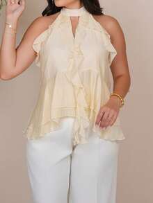 The Leen Edit Women's Cream White Summer Elegant Romantic Tea Party Night French-Style High-Neck Ruffled Sleeveless Chiffon Blouse, Retro V-Neck Highlights Top - Apricot - View 5