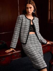 MOTF PREMIUM WOMEN'S FASHION TWEED CONTRAST TRIM SINGLE-BREASTED JACKET AND SKIRT 2 PIECES SET - Black and White - View 8
