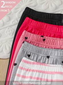 SHEIN 2件隨機發貨 秋冬女款簡約時尚甜美愛心條紋印花加厚保暖內裡長款打底褲 - 彩色 - 查看 4