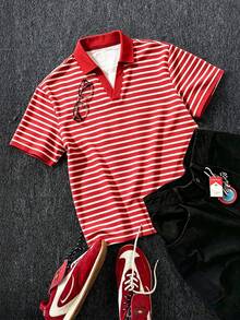 Resyla Men 男士紅白色條紋 Polo 衫，經典航海風美式復古熱帶風，韓系 Cleanfit 極簡日系休閒夏季款 - 彩色 - 查看 7