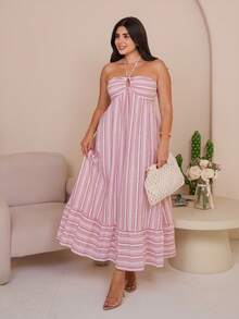 The Leen Edit Women's Strapless Halter Dress, Striped, Suitable For Vacation, Spring/Summer Elegant - Multicolor - View 3