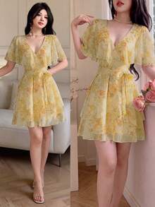 Celisse Semi-Transparent Ruffle Trim Collar Short Dress Digital Print Slim Yellow Floral V-Neck Ruffle Chiffon Mini Dress - Pale Yellow - View 1