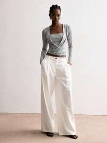 ATUI Studio Cross-Wrap Design Gray Long Sleeve Top, Square Neck, Minimalist Daily Commute T-Shirt - Grey - View 3