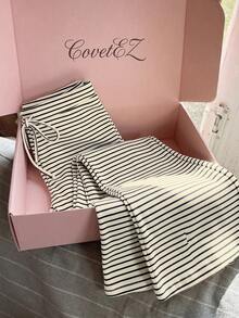 CovetEZ 女款休閒白色長褲夏季套裝 白色條紋套裝 居家服 女裝休閒女裝 夏季 - 白色 - 查看 3