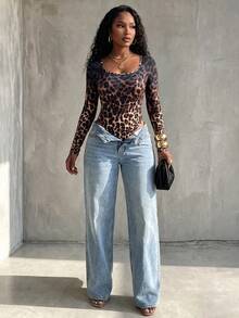 Eryvara Women's New Autumn Leopard Print Square Neck Long Sleeve Bodysuit, Home Wear, Inner Layer, Daily Versatile - Brown - View 6