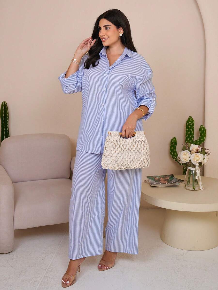 The Leen Edit 女款藍白條紋夏季休閒度假兩件套，捲袖單排扣襯衫搭配寬腿褲，秋季優雅風 - 藍白色 - 查看 1
