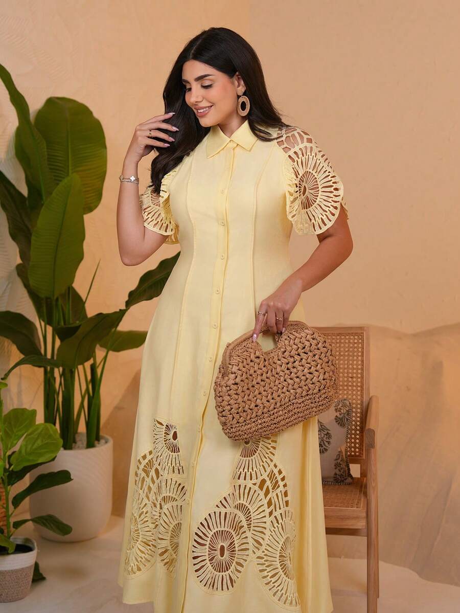 The Leen Edit Women's Single-Breasted Hollow-Out Patchwork Long Shirt Dress Elegant Summer