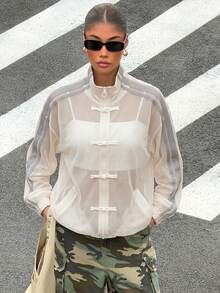 Muchica Women's Plus Size Frog Button Semi-Sheer Mesh Jacket White Autumn Fall - White - View 5