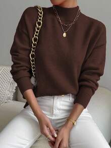 Sprig & Strand Women's Solid Color Stand Collar Drop Shoulder Long Sleeve Casual Pullover Sweater - Brown - View 3