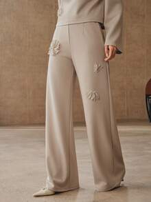 Anewsta Women's Elegant Casual Versatile Commuter 3D Floral Sweatpants - Apricot - View 4