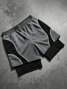 Sport MetroGents Celana Pendek Olahraga Pria 2 In 1 Motif Patchwork Blok Warna - Hitam - View 2