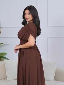 The Leen Edit Women's Elegant Summer Dark Brown Crossover Pleated Batwing Sleeve Ruffle Hem Dress,Suitable For Dining,Annual Meetings,Festivals & Formal Party Dress - Brown - View 5
