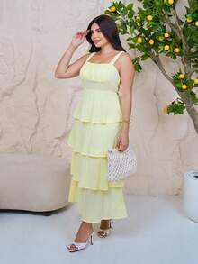 The Leen Edit Women's Pale Yellow Summer Ruffled Hem Sundress,Boho Beach Vacation Holiday,Spring Holiday Outfits Elegant - Yellow - View 4