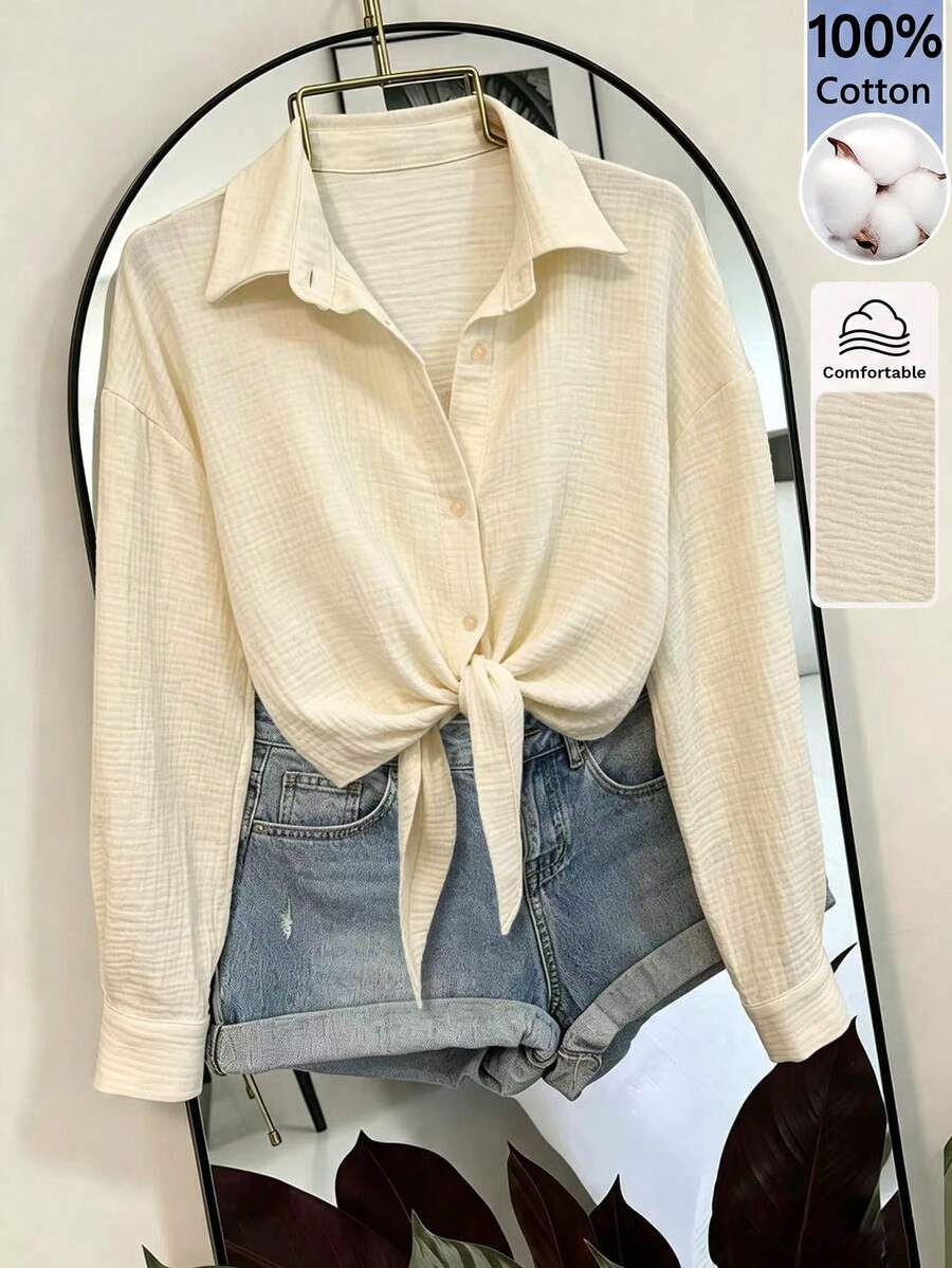 SHEIN 純棉紋理前綁帶休閒百搭長袖女款襯衫 - 杏色 - 查看 1