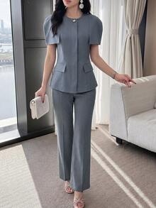 Feyla Women's Grey Blue Short Sleeve Peplum Blazer Jacket Office Siren Old Money Workwear Business Summer Fall Minimalist Casual Elegant Chic Holiday - Grey - View 3
