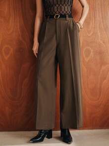 Anewsta Spring/Autumn Elegant Commute Work Outfits Center Pleated High Waist Straight Leg Long Pants Suit Pants, Suitable For Commute, Daily Wear And Date Outfits - Army Green - View 1
